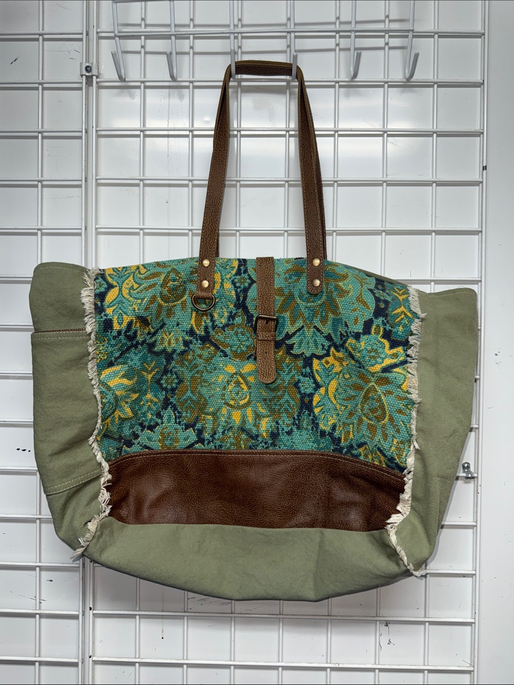 Myra Bag Green Canvas Weekender Tote with Teal and Brown Accents